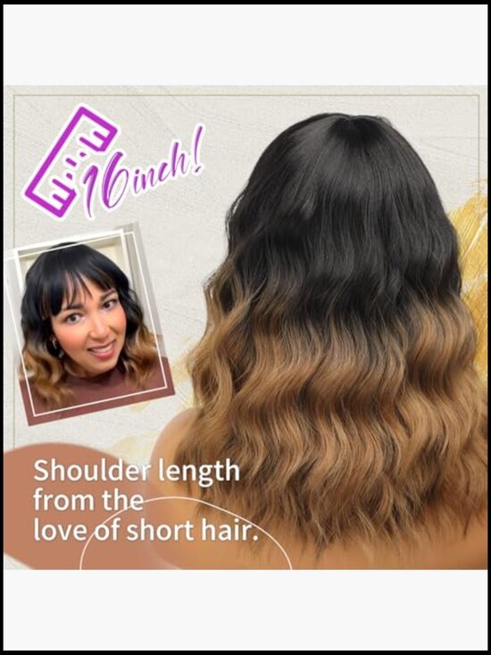 Shoulder Length Wavy Bob Wig with Bangs for Women Synthetic Hair Heat Resistant